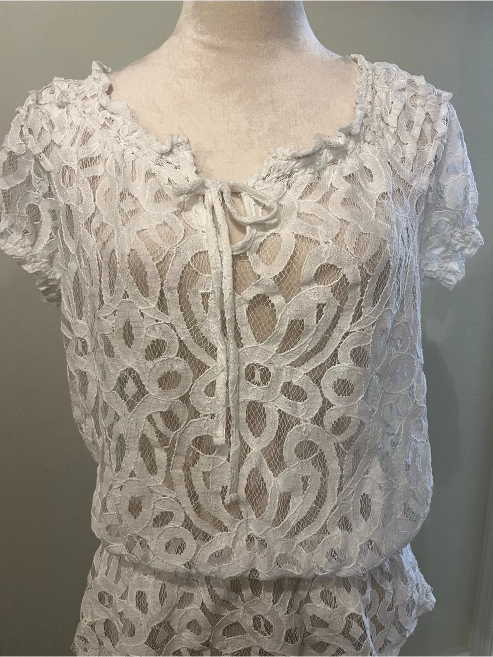 INC International Concepts White Lace Short Sleeve Peplum Blouse with Tie - Picture 2 of 9